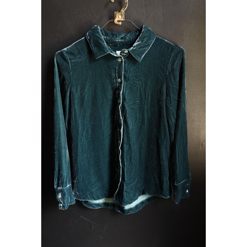 Faherty Emerald Green Silk Velvet Long Sleeves Button Down Top Whimsigoth Fairy